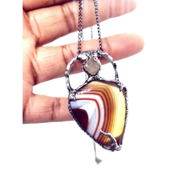 Orange agate and rutilated quartz crystal necklace jewelry handmade - Picture 11 of 12